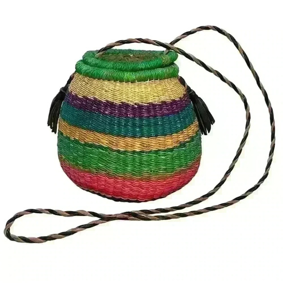 HANDMADE African Market Bucket Purse Bag Handwoven Sliding Top Crossbody Strap - Picture 1 of 7